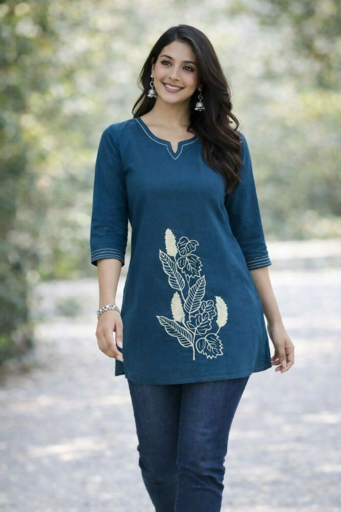 Teeya Creation Womens New Latest Cotton Blue Floral Embroidered Short Kurti