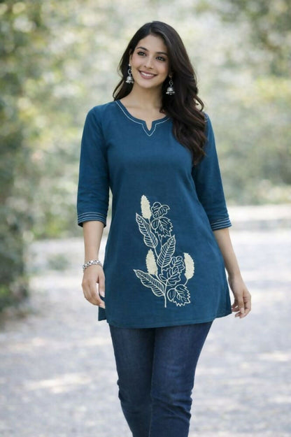 Teeya Creation Womens New Latest Cotton Blue Floral Embroidered Short Kurti