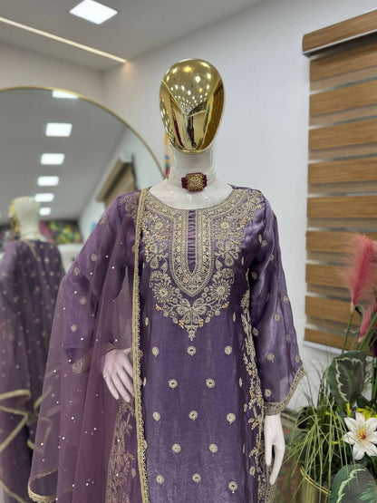 Teeya Creation New Trendy Womens Wedding Wear Kurta Palazzo Set - Lavender