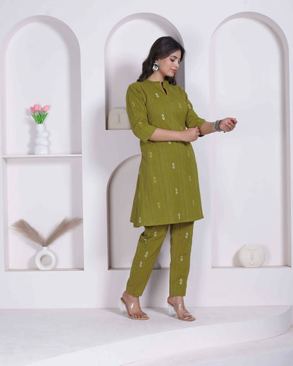 Miravan Womens Green Printed Cotton Straight Kurta With Palazzo