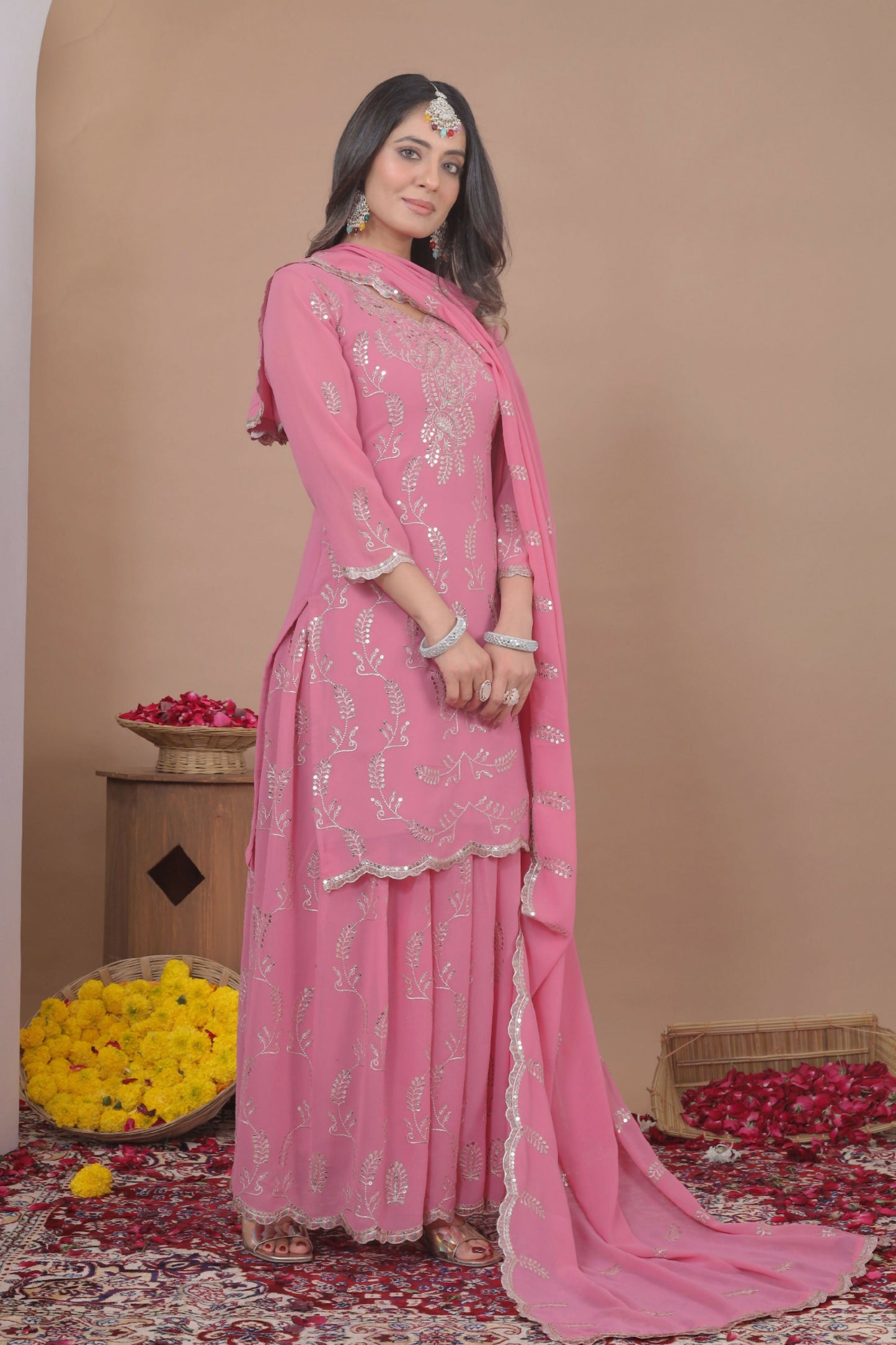 The52 Women's Gorgeous Embroidery Work Fox Georgette Fabric Straight Kurta Sharara and Dupatta Set-Pink