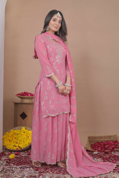 The52 Women's Gorgeous Embroidery Work Fox Georgette Fabric Straight Kurta Sharara and Dupatta Set-Pink