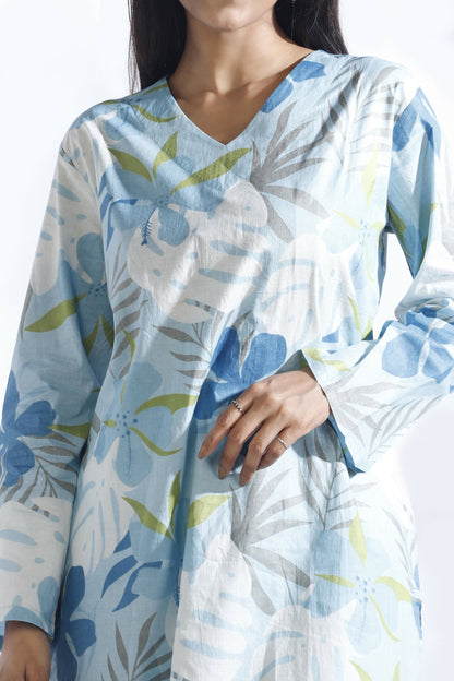 Breathables Blue Floral Print Cotton Long Kurta Co-Ord Set Cotton