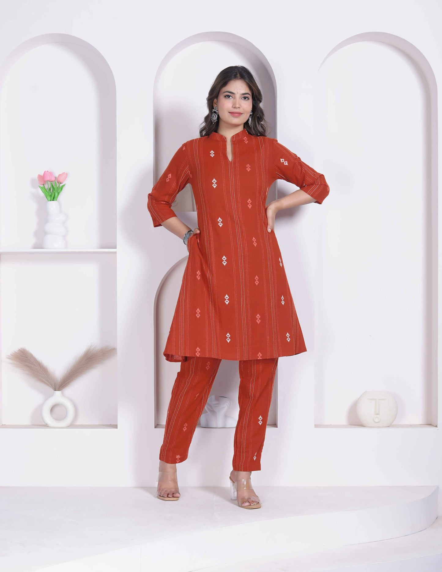 Miravan Womens Rust Color Abstract Printed Cotton Kurta With Palazzo