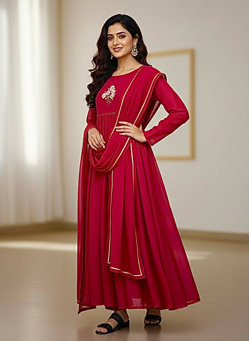 Teeya Creation Womens New Simply Wear Pure Mul Viscos Chanderi Cotton Red Gown Set