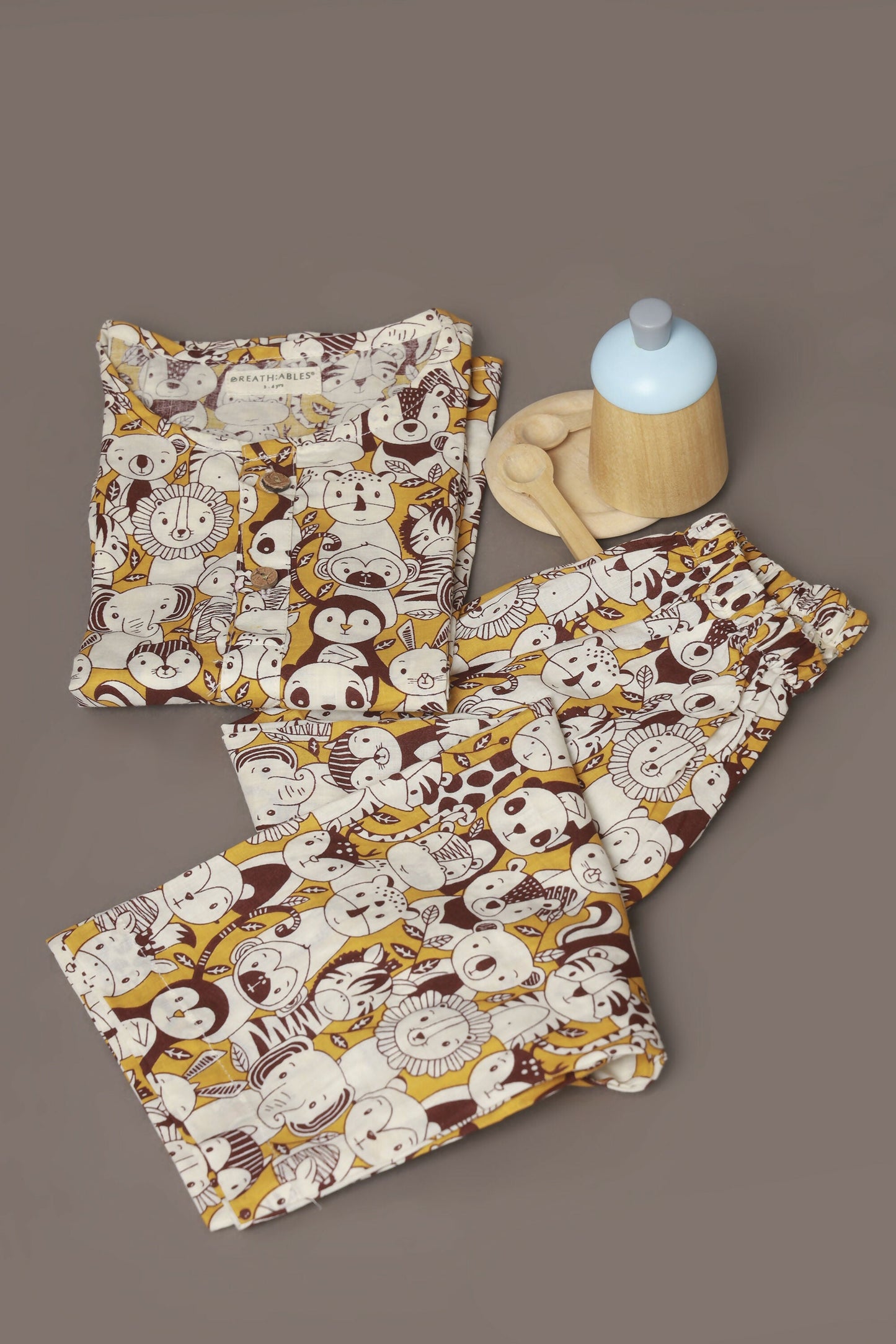 Breathables Sunny Yellow Animal Print Cotton Night Suit For Kids