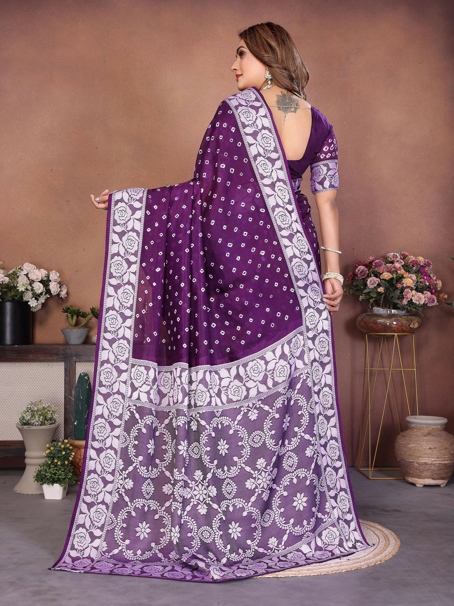 Aastha Fashion Purple Viscose Silk Handmade Original Bandhej Saree