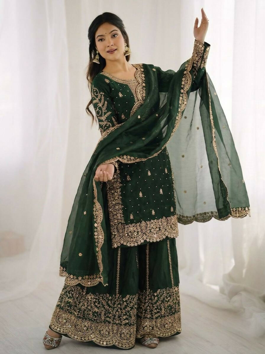 Teeya Creation Womens New Trendy Embroidery Coding And Sequence Work Green Kurta Set