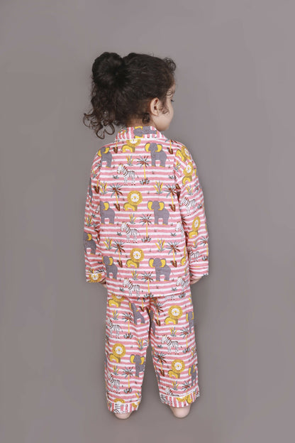 Breathables Kids Cotton Night Suit  Red & White Jungle Stripe Shirt & Pyjama Co-Ord Set For Boys & Girls
