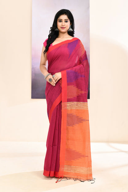 Piyari Fashion Women's Rani Temple Border Embellished Cotton Blend Jamdani Saree