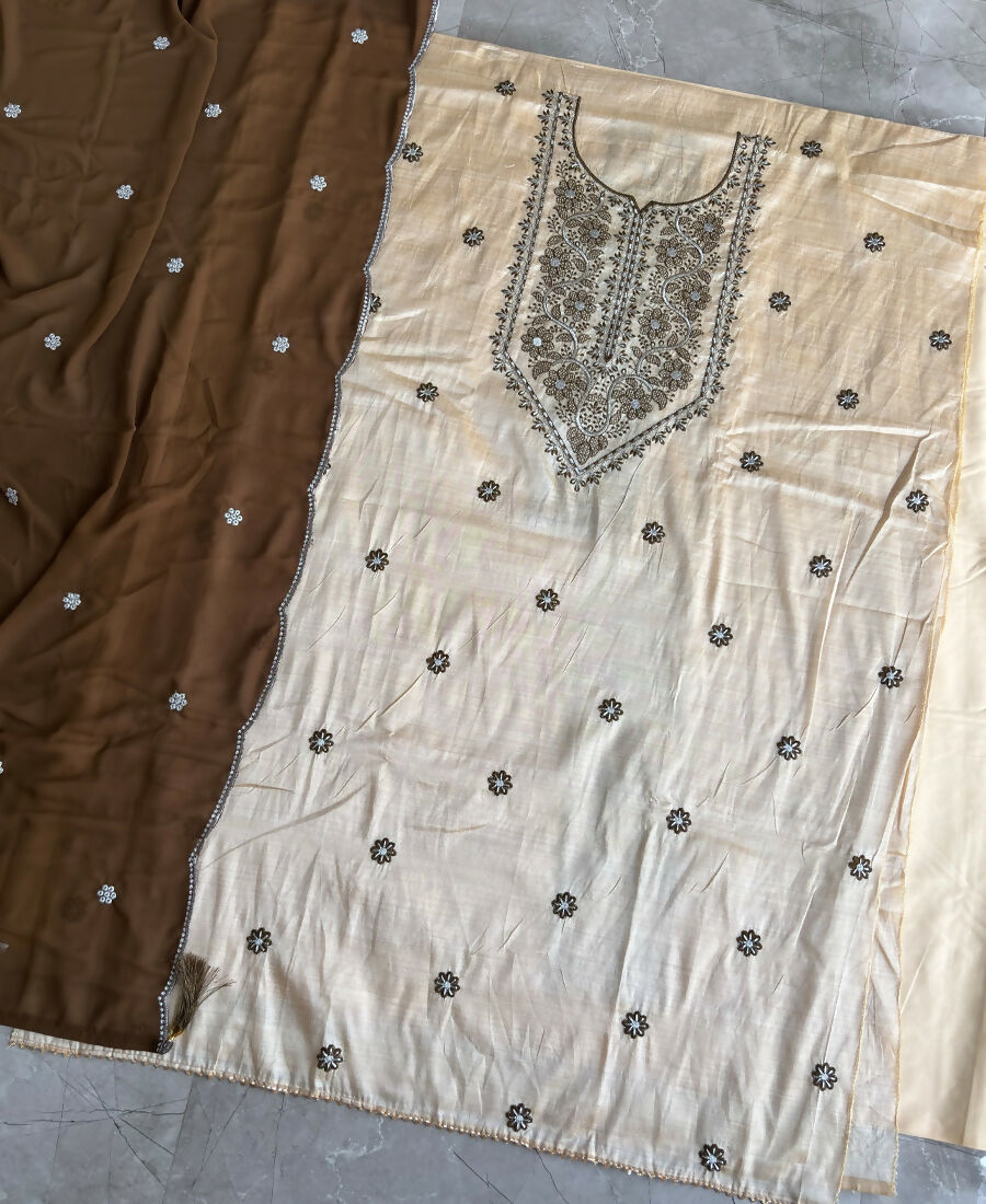 KC Khadi Cotton White Suit With Mahendi Dupatta 3 Piece Pair For Women