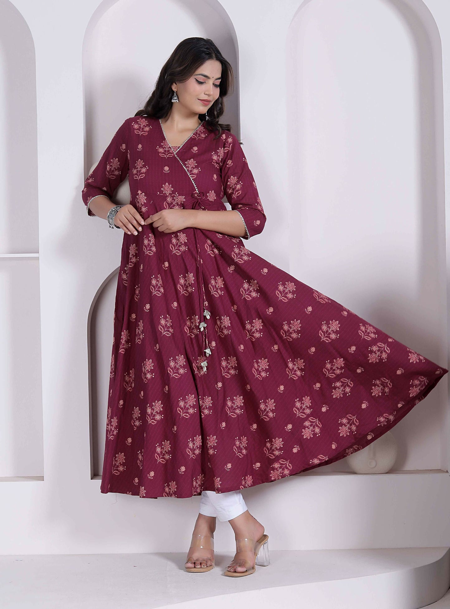 Miravan Womens Maroon Floral Printed Angrakha Style Kurta