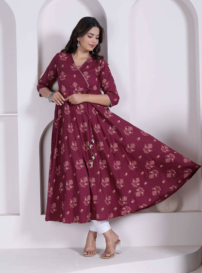 Miravan Womens Maroon Floral Printed Angrakha Style Kurta