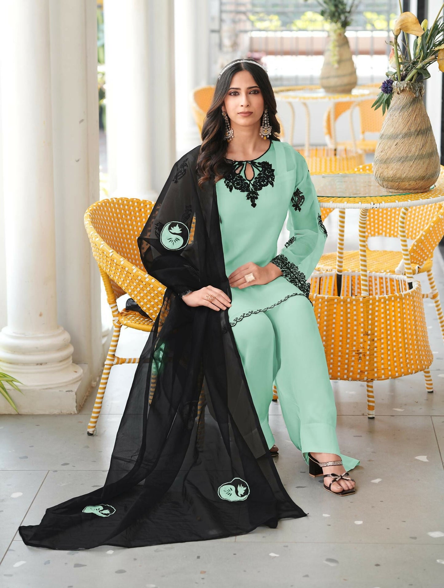 Nikhaar Light Green Embroidered Organza Stitched Straight Cut Kurta Farshi Salwar Dupatta Readymade Suit