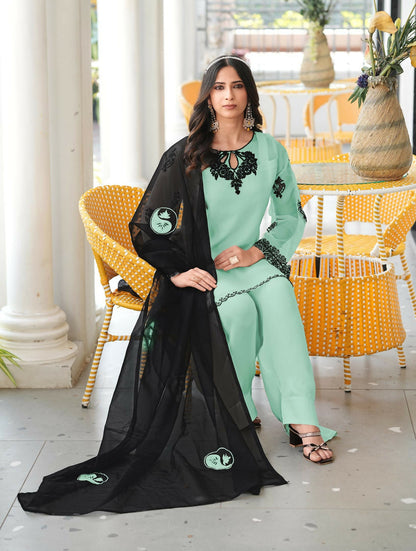 Nikhaar Light Green Embroidered Organza Stitched Straight Cut Kurta Farshi Salwar Dupatta Readymade Suit