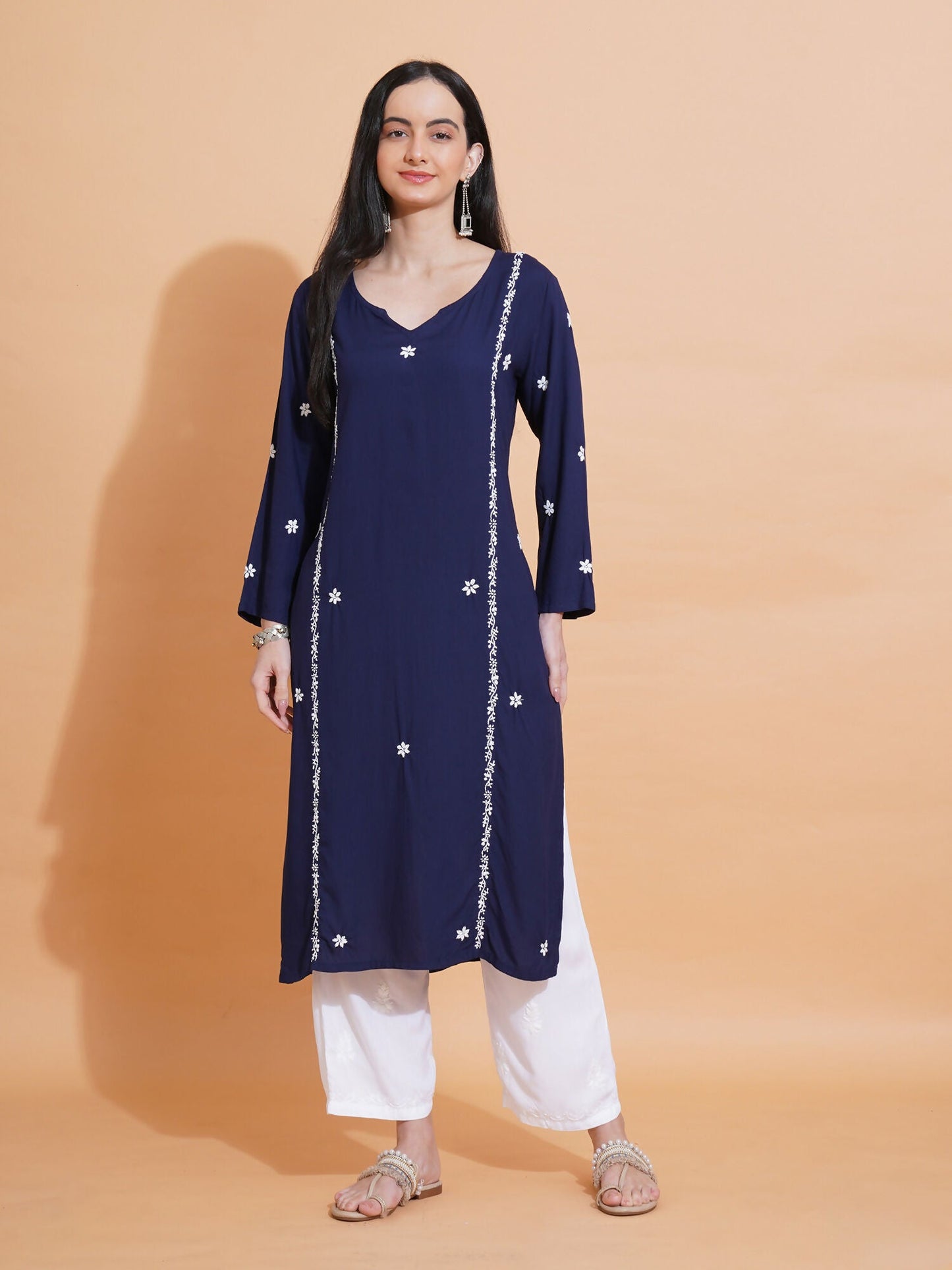 Pahnaz Luxury Rayon Chikankari Long Kurti-Blue
