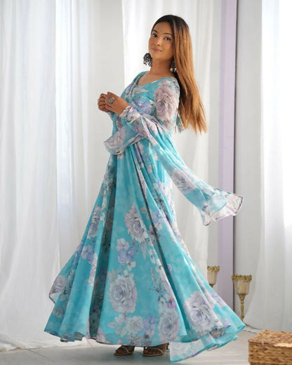 The52 Women's Gorgeous Printed Fox Georgette Fabric Flared Anarkali and Dupatta Set