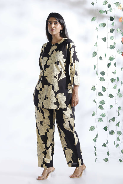 Breathables Black Floral Cotton Kurta & Pant Co-Ord Set