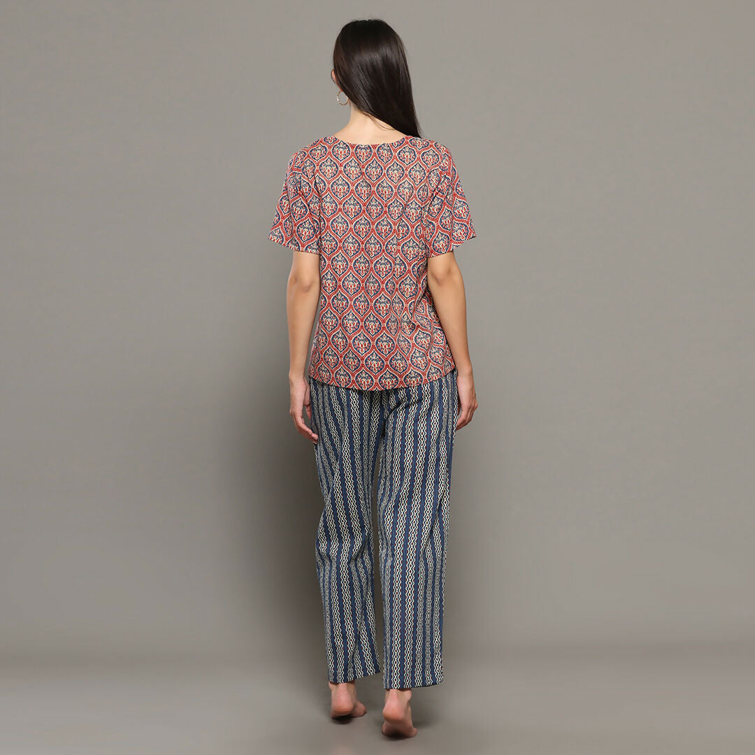 Breathables Women Cotton Printed Loungewear Kurta And Pants Co-Ord Set Pink & Navy I Nightwear