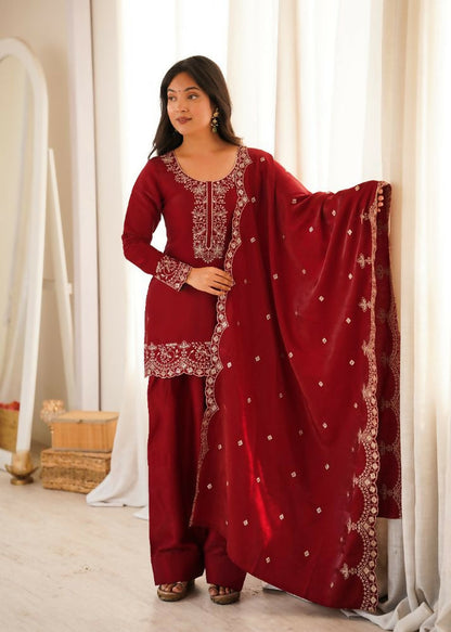 Teeya Creation Deep Red Silk Embroidered Kurta Salwar Suit Set With Scalloped Dupatta