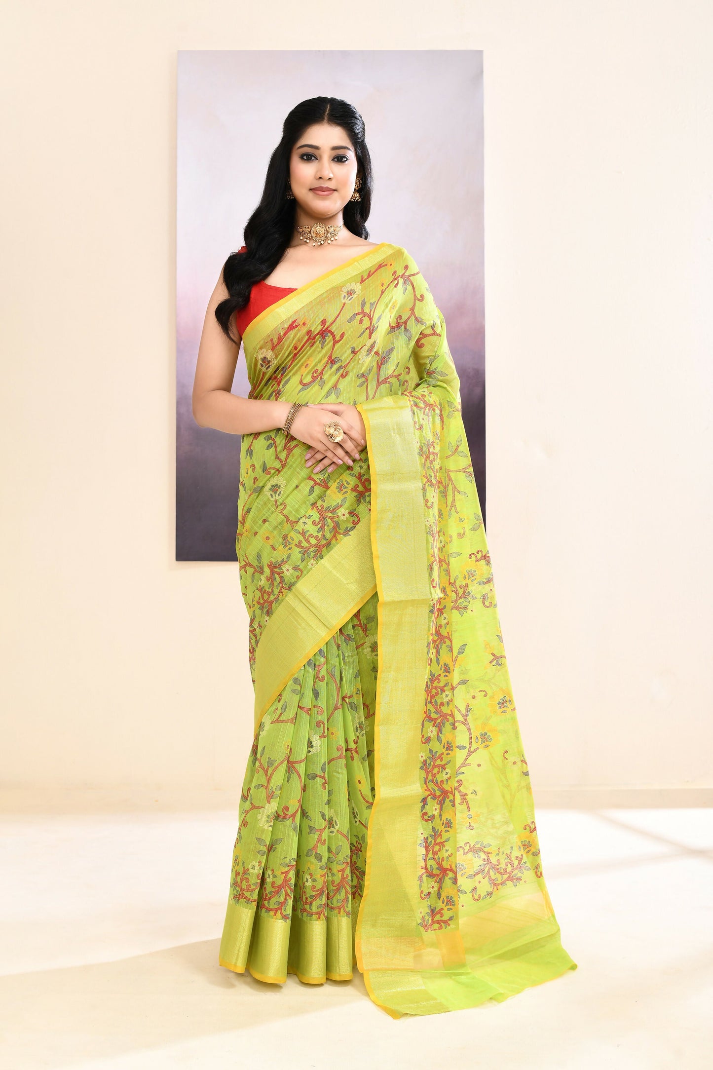 Piyari Fashion Women's Olive Embellished Cotton Blend Printed Saree
