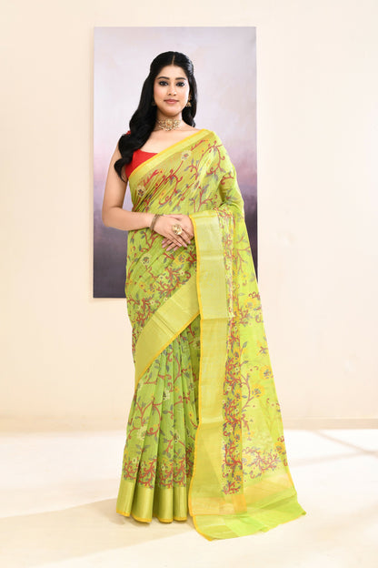 Piyari Fashion Women's Olive Embellished Cotton Blend Printed Saree