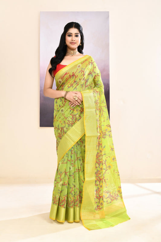 Piyari Fashion Women's Olive Embellished Cotton Blend Printed Saree