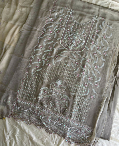 KC Beautiful Beige Chiffon Silk Hand Embroidery Suit For Women