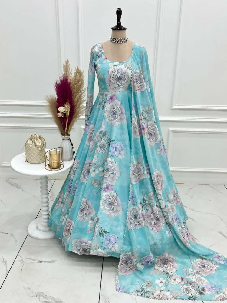 The52 Women's Gorgeous Printed Fox Georgette Fabric Flared Anarkali and Dupatta Set-Sky