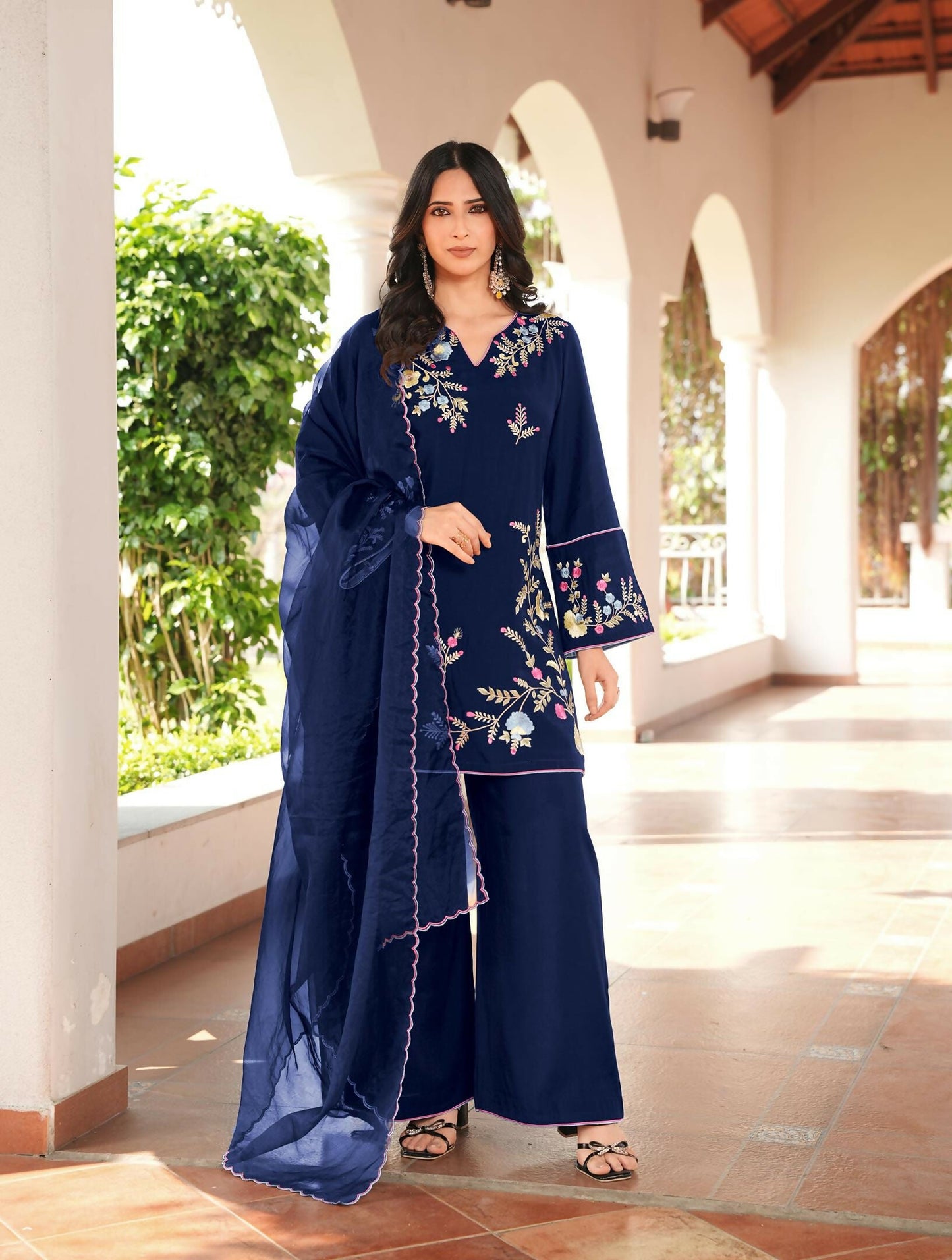 Nikhaar Navy Blue Embroidered Art Silk Stitched Straight Cut Kurta Culottes Dupatta Readymade Suit