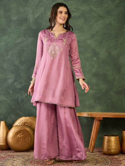 The52 Women's Gorgeous Embroidery Work Viscose Silk Fabric A-line Kurta Sharara and Dupatta Set
