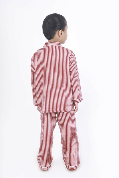 Breathables Kids Cotton Night Suit  Red & White Striped Shirt & Pyjama Co-Ord Set For Boys & Girls