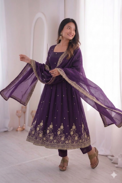 Teeya Creation Womens New Latest Trendy Elegant Dark Blue Embroidered Anarkali Suit Set with Scalloped Dupatta