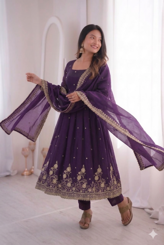 Teeya Creation Womens New Latest Trendy Elegant Dark Blue Embroidered Anarkali Suit Set with Scalloped Dupatta