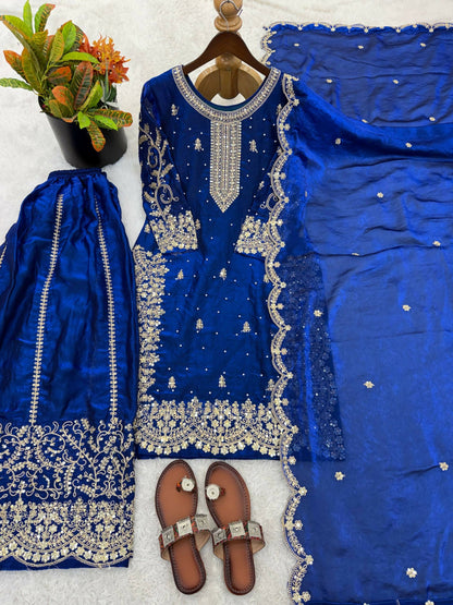 Teeya Creation Womens New Trendy Embroidery Coding And Sequence Work Royal Blue Kurta Set