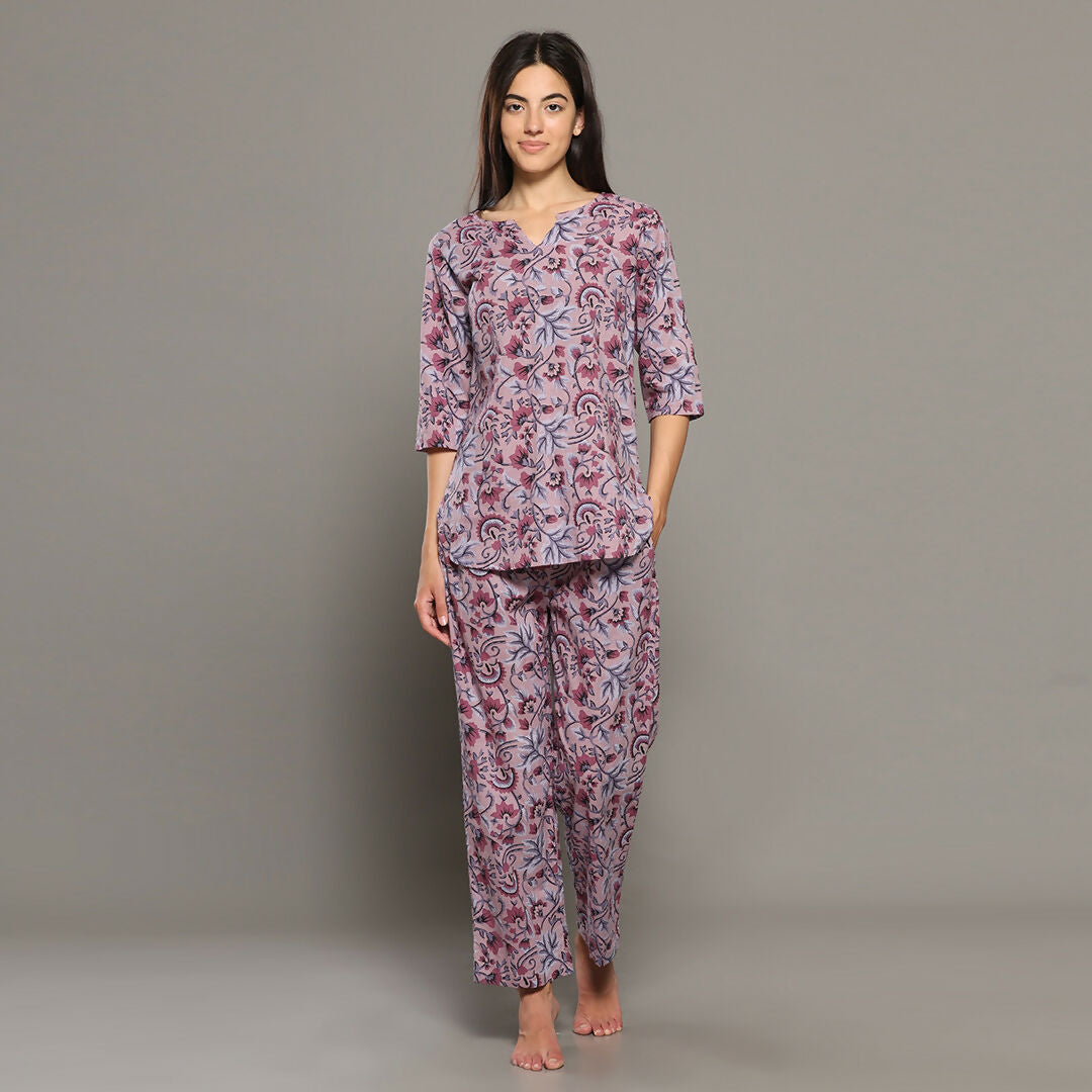 Breathables Women Cotton Printed Loungewear Kurta And Pants Co-Ord Set Pink I Night Wear | Floral Print