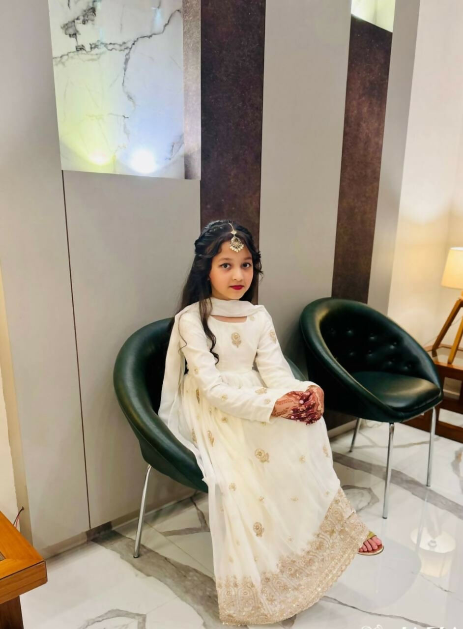 Teeya Creation New Kids Wedding Wear Heavy Embroidery Sequence Work Kurta Gown Set-White