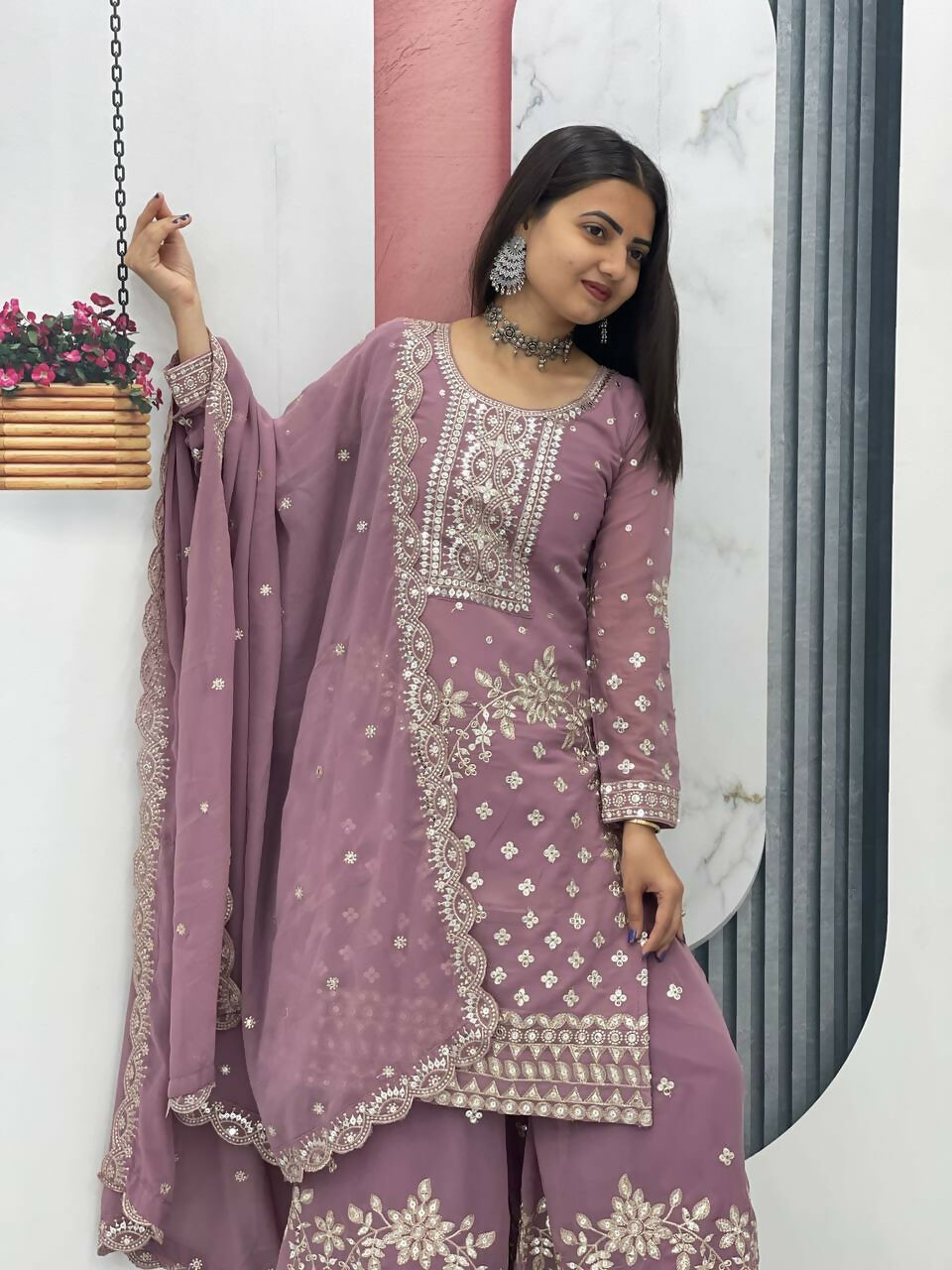 Teeya Creation Womens New Heavy Fox Georgette Fabric With Heavy Embroidery Work Kurta Set