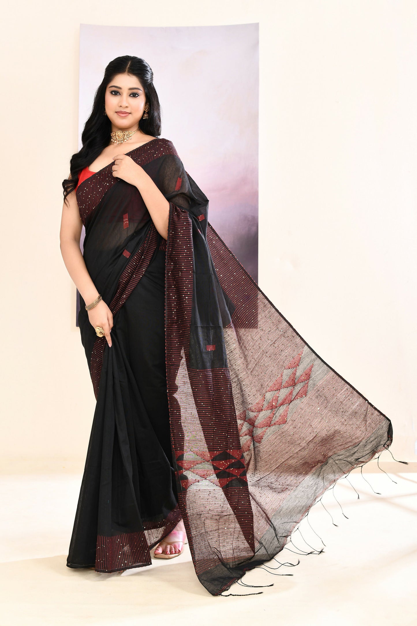 Piyari Fashion Women's Black Sequins Embellished Cotton Blend Jamdani Saree