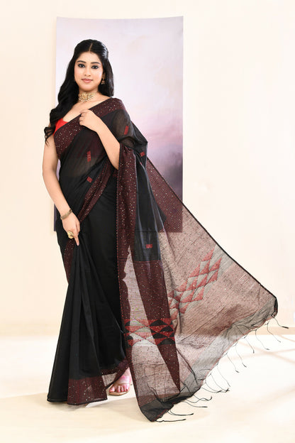 Piyari Fashion Women's Black Sequins Embellished Cotton Blend Jamdani Saree