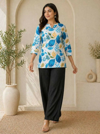 Teeya Creation New Latest Women White Blue Leaf Printed Cotton Kurti with Black Palazzo Set