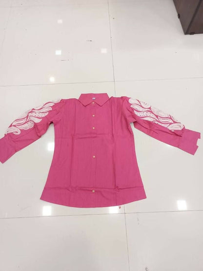 Teeya Creation Women Trendy Pink Cotton Button-Down Top with White Contrast Embroidered Sleeves