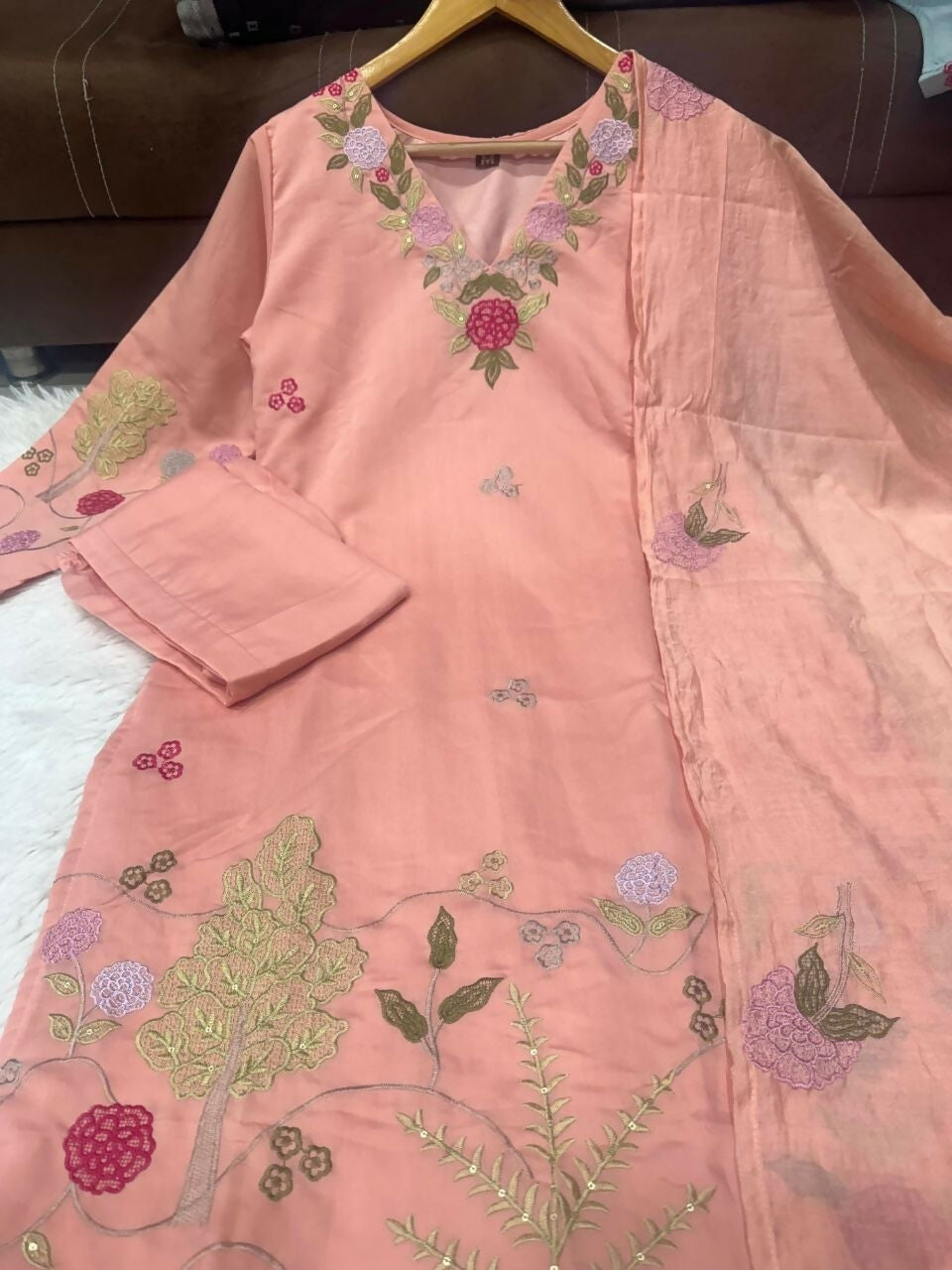 Teeya Creation Premium Peach Chanderi Silk Floral Embroidered Straight Kurta Pant Set With Dupatta For Women