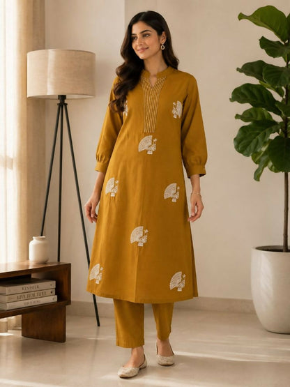 Teeya Creation Women Mustard Cotton Printed Kurta with Trousers Co-ord Set
