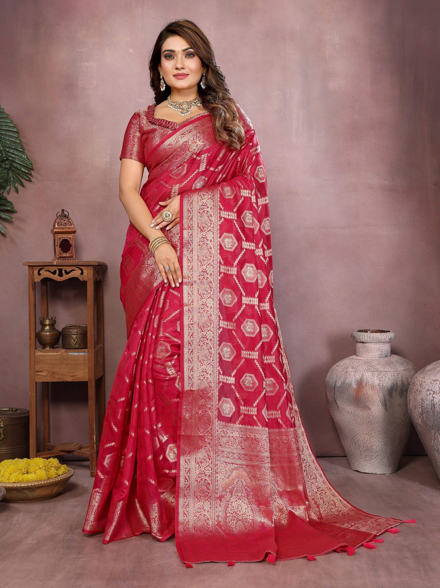 Aastha Fashion Magenta Soft Organza Silk Weaving Saree