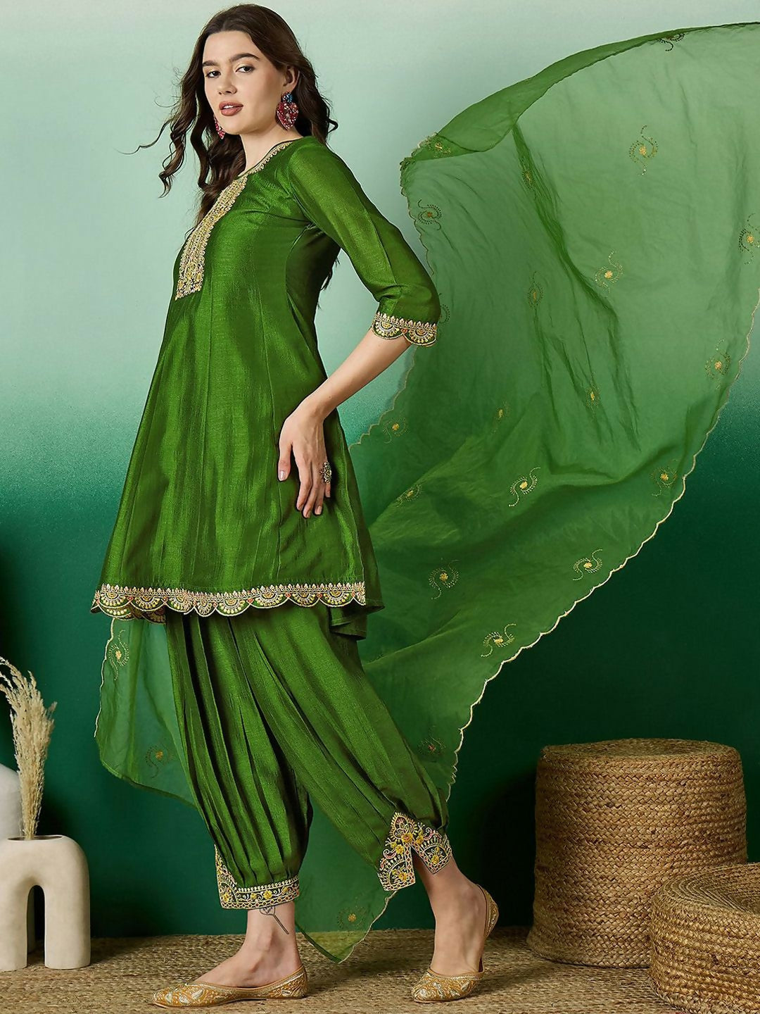 The52 Women's Beautiful Embroidery Work Vichitra Fabric A-line Kurta Pant and Dupatta Set-Green