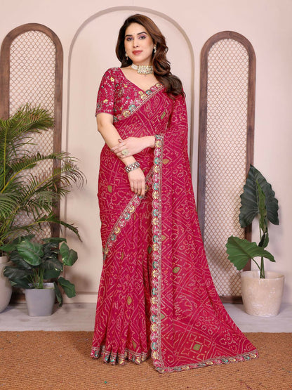 Teeya Creation Womens Trendy Simply Bandhej Georgette Saree-Red