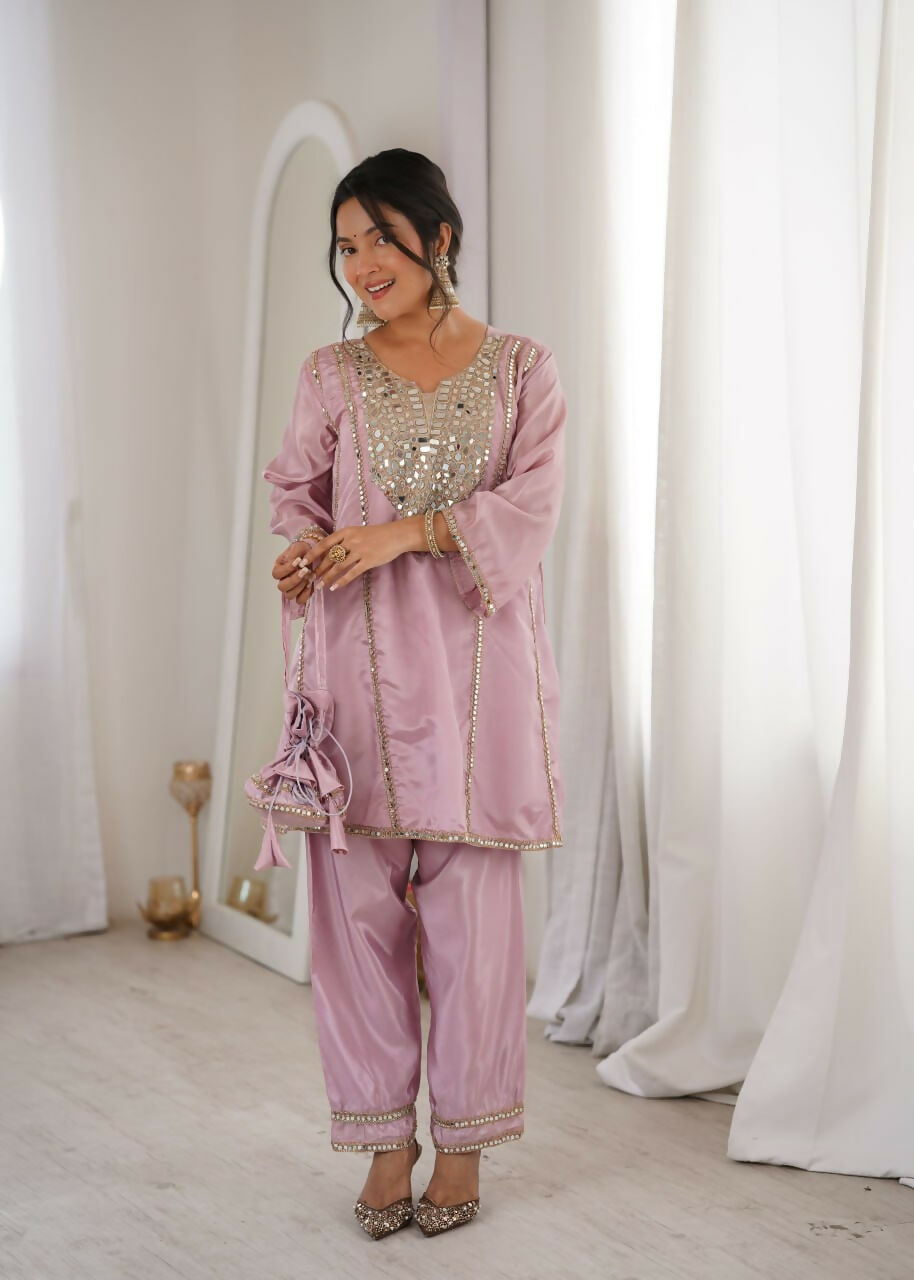 Teeya Creation Womens New Wedding Wear Pink Color With Mirror & Lace Work Kurta Pant Set