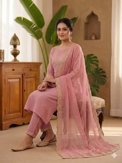 Teeya Creation New Womens Peach Straight Cut Kurta Set with Scalloped Embroidered Organza Dupatta Set
