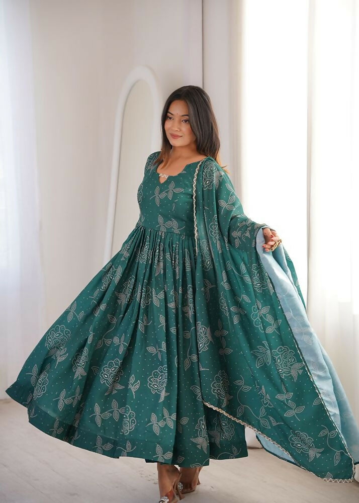 Teeya Creation New Trendy Stylish Elegant Teal Floral Print Cotton Anarkali Suit for Women